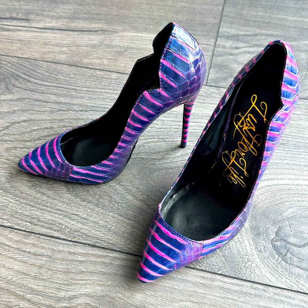 Lust For Life Leather Pink & Purple Stiletto Heel Pumps in Snakeskin
